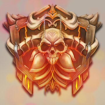 Fantasy Wooden Shield Crest with Skull, Glowing Lava Elements, and Spikes