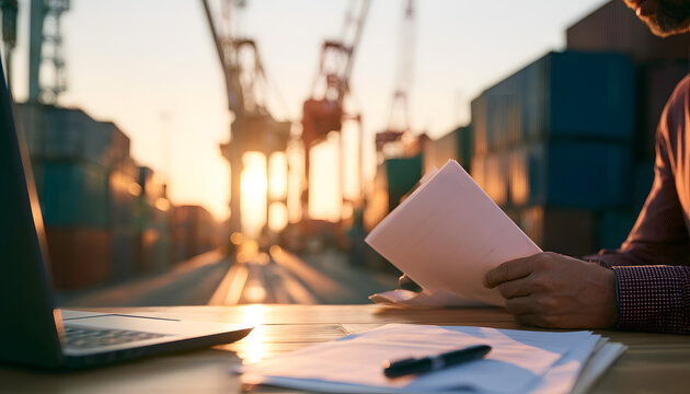 Man reviews papers at shipping yard, with stacked cargo containers and cranes visible. A laptop and pen nearby suggest work on logistics or trade documentation. Sunset light illuminates the scene.