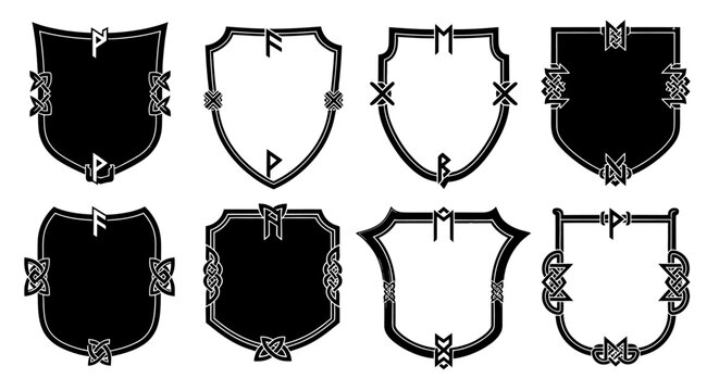 Set of eight heraldic shield emblems with ancient nordic runic symbols