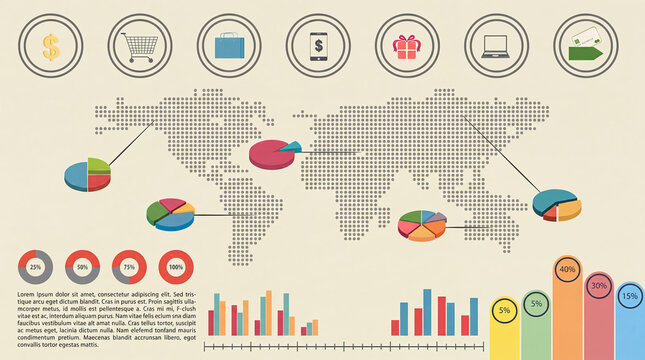 Business infographic template featuring a dotted world map with isometric pie charts bar graphs and e commerce icons including shopping cart smartphone and laptop on a beige background