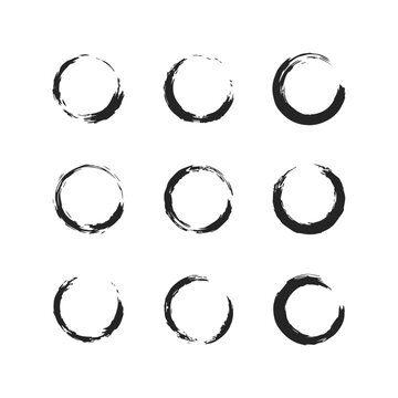 Set of Black Brush Circle Frames, Ink Brush Strokes Collection