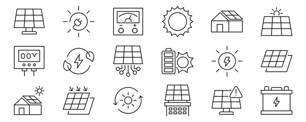 Solar energy icons set vector thin line photovoltaic home system battery renewable power. vector illustration.  © bouver