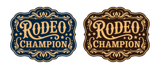 Rodeo champion cowboy belt buckle emblems featuring elite bull rider award typography with ornate western vector graphics for vintage branding, competition badges, and heritage labels. © MD. ARIF ISLAM