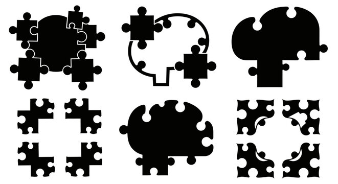 Set of puzzle brain and mind concept icons in black silhouette vector