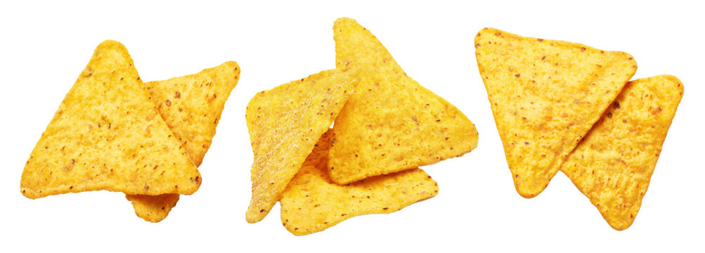 Set of delicious tortilla nacho chips, isolated on transparent cutout background