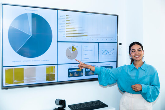 Smiling businesswoman points at data analysis on a screen display