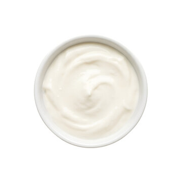 Fresh creamy yogurt in a small white bowl seen from above isolated on transparent background