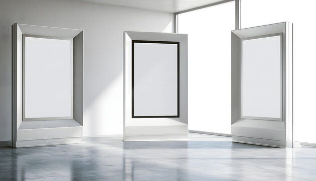 Three contemporary digital signage units featuring blank panels. These engaging kiosks are positioned indoors in a sleek environment. Perfect for disseminating info or guiding visitors.
