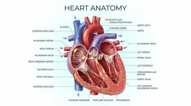 Detailed anatomical illustration of a human heart showing major structures blood flow pathways and electrical conduction systems for medical education