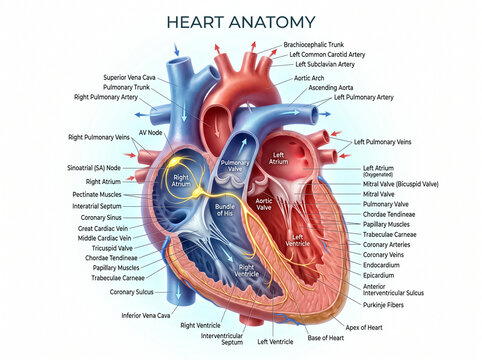 Detailed anatomical illustration of human heart structure showing various chambers valves vessels and electrical conduction system in vibrant color tones