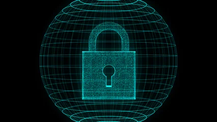Blue digital cyber security background with lock. Futuristic protection of private information and data. Perspective grid sphere background. Programming, coding, hacking and encryption. 3d rendering. © Oleksii