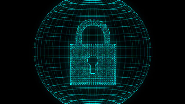 Blue digital cyber security background with lock. Futuristic protection of private information and data. Perspective grid sphere background. Programming, coding, hacking and encryption. 3d rendering.