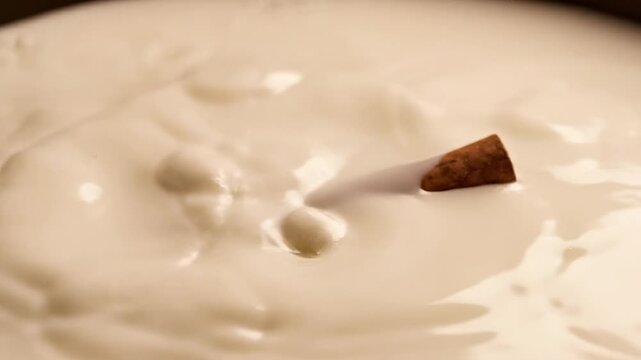 Close-up of a cinnamon stick in creamy white yogurt, creating ripples and a smooth texture.