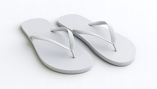A pair of unadorned white rubber flip flops against a white backdrop. Ideal for summertime beachwear, holiday travel accessories, and footwear renderings. A minimalist design suitable for any summer o