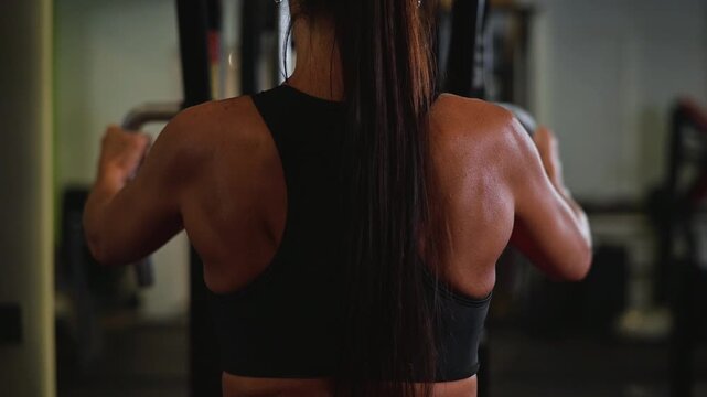 A female athlete performs upper body exercises in a gym. The focus is on building strength through various movements with equipment