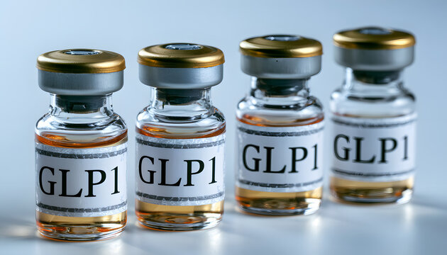 Medication vials of GLP-1 in a line. Injectable pharmaceuticals used for managing diabetes and aiding in weight loss. Supplies for medical research aimed at improving health care.