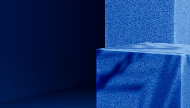 Abstract blue geometric cube podium with leaf shadow and copy space