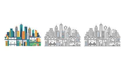 Fototapeta premium Modern urban landscape cityscape set with skyscrapers and line art