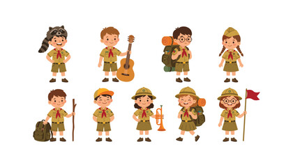 Cute boy and girl scouts characters set camping cartoon vector illustration collection on white background © Ruma