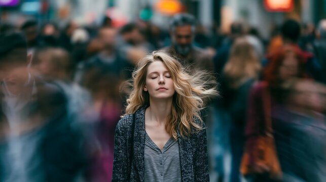 Girl enjoying a moment of silence amidst a rushing crowd of commuters walking through a busy downtown street scene.