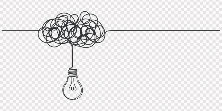 light bulb with a tangled continuous one line drawing, One continuous line drawing of tangled and scribble wires with light bulbs. Concept of complex problem solving process and Clarifying idea.