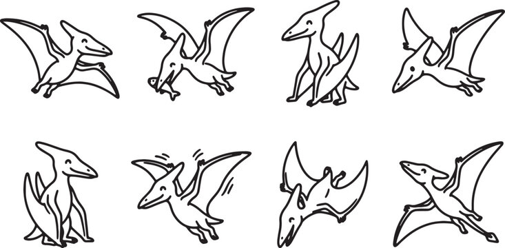Hand drawn pterodactyl dinosaur icons, set of 8 flying reptile line art illustrations, cute prehistoric pterosaur character vector sketches isolated on Transparent Background