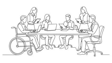 Obraz premium Continuous line drawing of diverse business team meeting in office