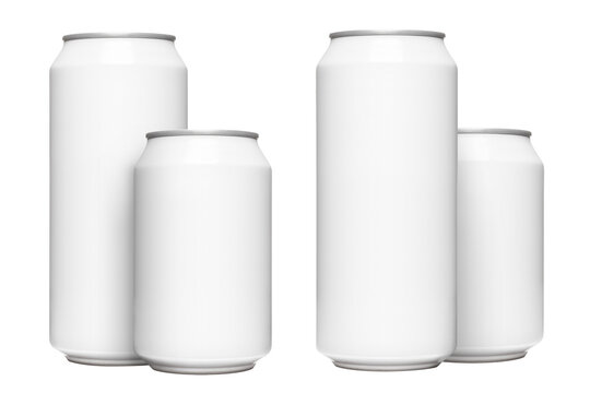 Set of white soda cans in different sizes, isolated on transparent cutout background