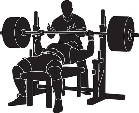 Weightlifter performs bench press with coach spotter vector illustration, Generative Ai