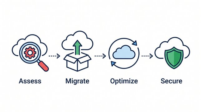Streamlined cloud migration process illustrated with four key stages assess migrate optimize secure with security within cloud based environment