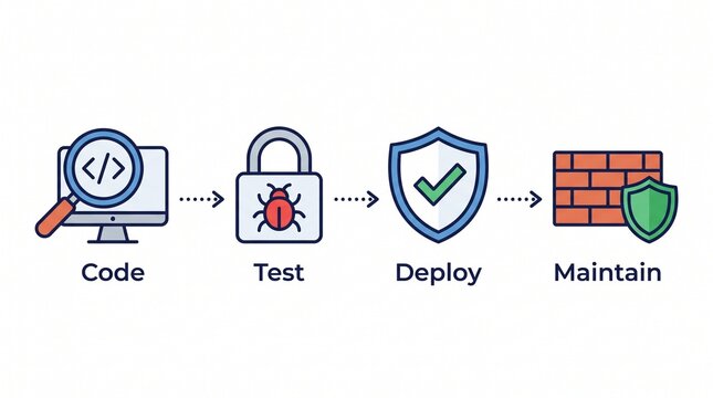 Illustrated software development lifecycle stages from coding to secure maintenance with icons with maintenance simplified icons arrows connecting each phase