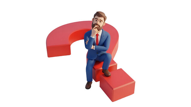 Thoughtful bearded businessman sitting on a large red question mark symbol wearing a blue suit and tie on white background
