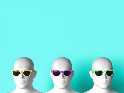 Mannequin busts wear colorful sunglasses on a bright cyan background