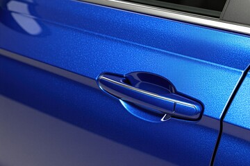 Macro shot of blue car door handle on metallic body paint surface. Modern vehicle exterior design detail with shiny finish reflect sunlight. Sedan side auto lock mechanism close up view outdoors.