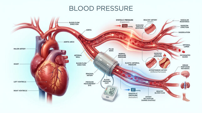 Detailed medical illustration showing human heart anatomy and blood pressure measurement process with clear labels for educational healthcare research purposes
