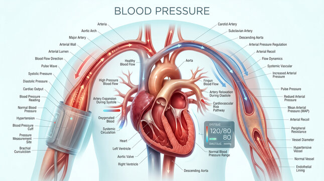 Detailed medical illustration showing human heart anatomy and blood pressure circulation with labeled arteries and veins for educational healthcare purposes