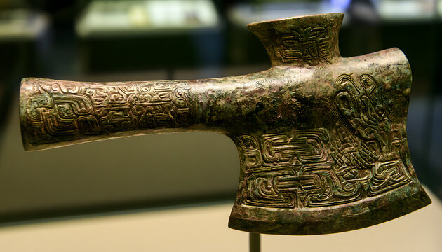 A bronze axe from the Shang Dynasty period is decorated with a dragon motif, featuring intricate carvings on both the head and handle.