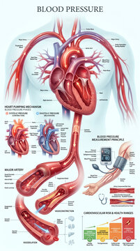 Detailed medical illustration showing human heart anatomy blood circulation flow and blood pressure measurement principles on a clean light background