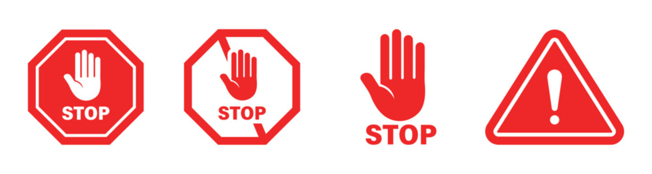 Red STOP sign icon set featuring stop hand symbols and warning signs for Warning sign, attention, prohibition, road sign, danger, attention, alert messages, traffic control and road safety design. 