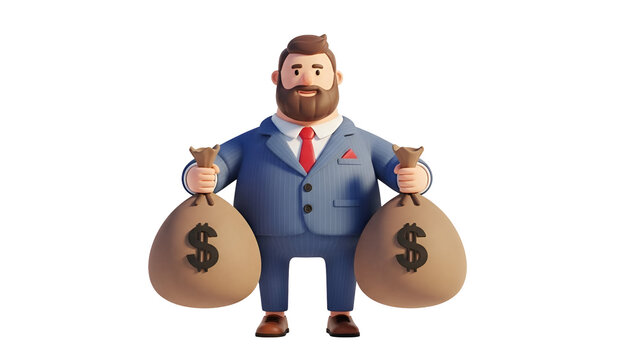 Wealthy 3d businessman character holding large heavy sacks filled with golden money symbols while standing isolated on white background