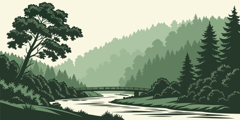 Serene forest river crossing with dense evergreen trees and winding path pine trees coniferous trees © Bf