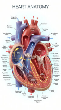 Detailed medical illustration showing human heart anatomy with labels indicating chambers valves vessels and electrical conduction system pathways in color