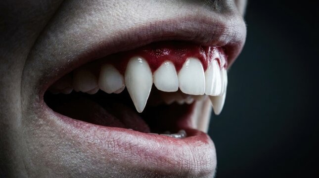 Halloween Close up of a scary vampire mouth with sharp fangs and bloody gums