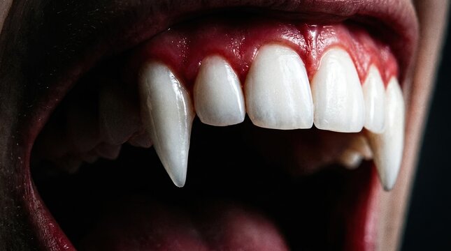 Halloween Close up of a scary vampire mouth with sharp fangs and white teeth