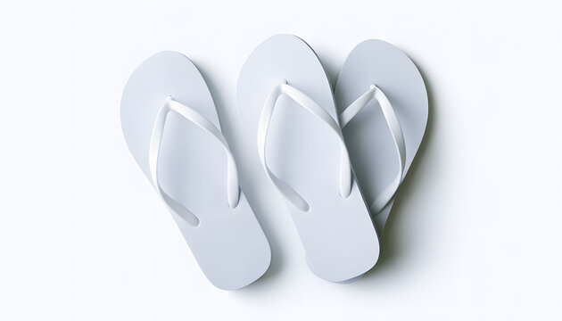 A pair of simple, plain white rubber flip flops with a white background. Ideal for summer beach attire, holiday accessories, and footwear mockups. The design is versatile for any summer occasion.