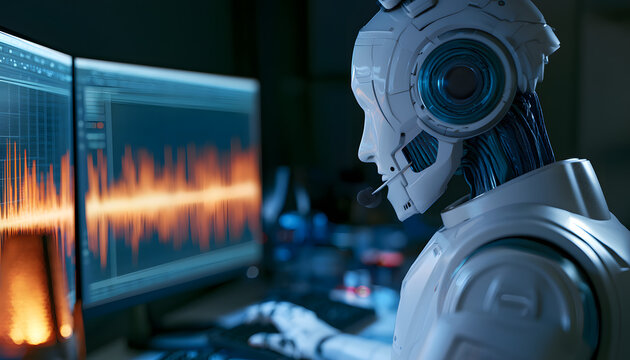 Sophisticated android scrutinizes sound wave information. Futuristic robot examines digital audio frequencies in a dim laboratory. Artificial intelligence generates voice replication and produces synt