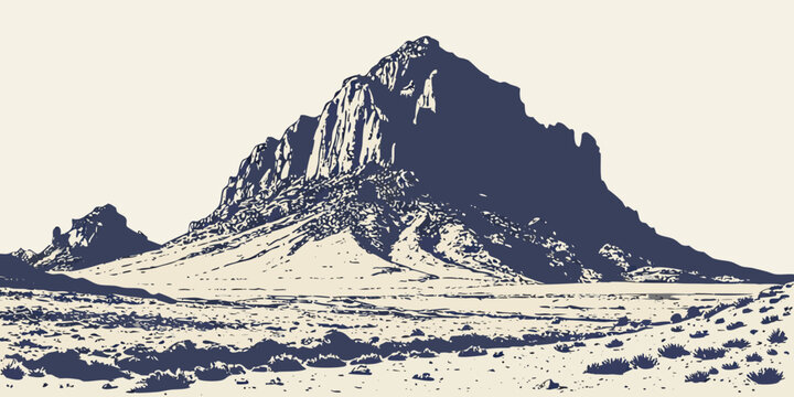 Desert mountain silhouette against clear sky, stark monochrome landscape black and white