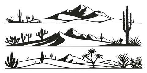 Silhouette set of desert landscapes with cacti, mountains, and sun rays cactus © Bf