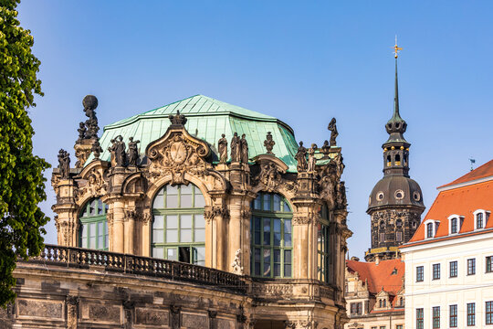 Germany, Saxony, Dresden, Zwinger pavilion with Hausmannsturm in background