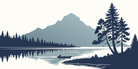 Serene mountain lake with evergreen trees and snow-capped peak reflection © Bf